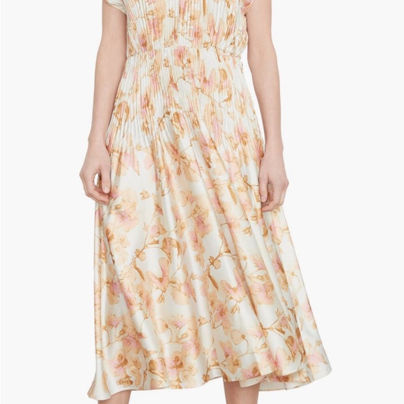 VINCE FLORAL CRUSHED SATIN DRESS Color soil Midi Dress in Cream and Pink size XL - Picture 3 of 10